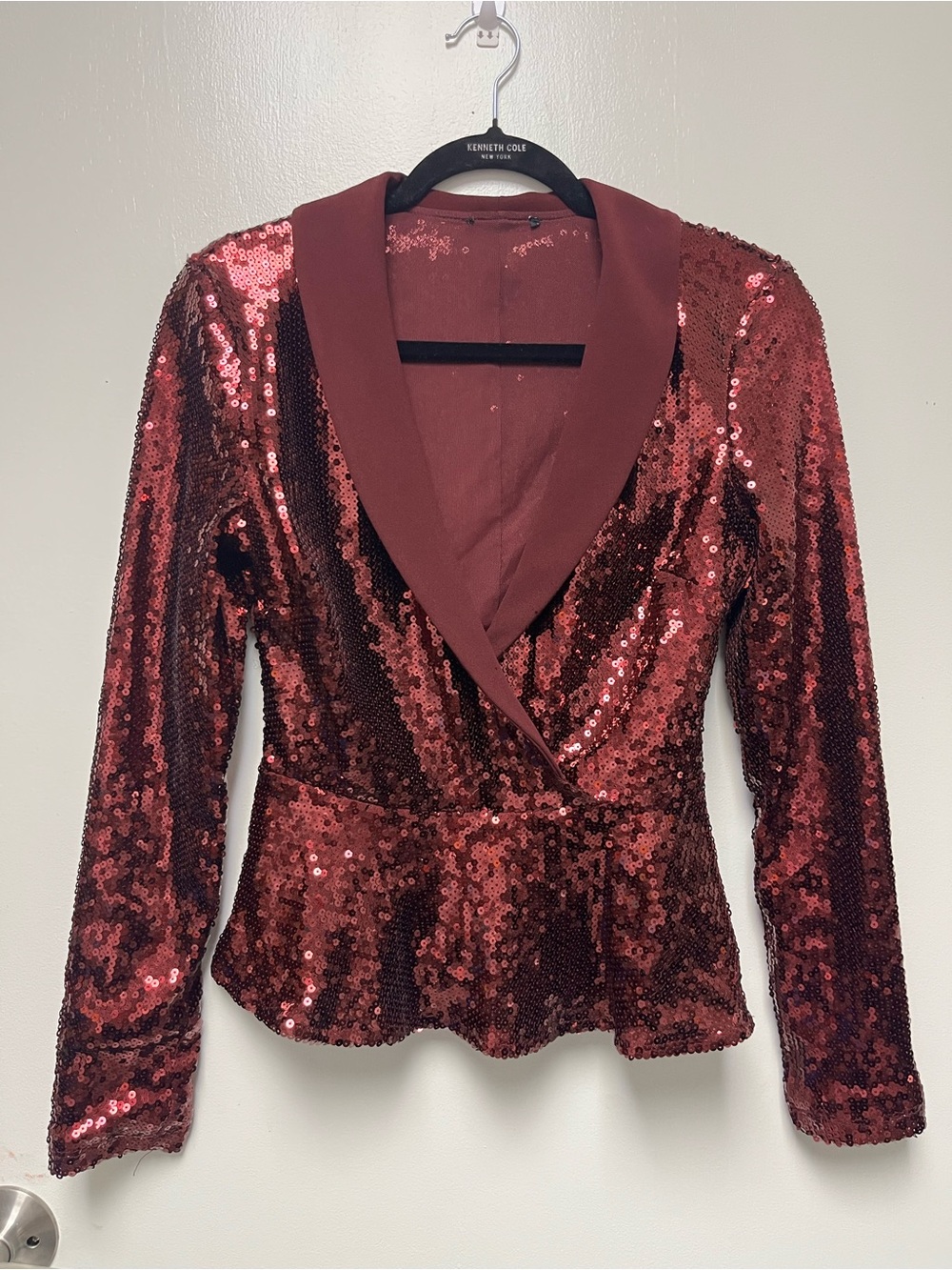 Red Sequin Blazer Jacket with Shawl Collar